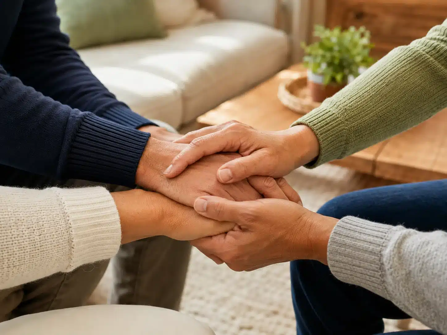 Family members joining hands in support