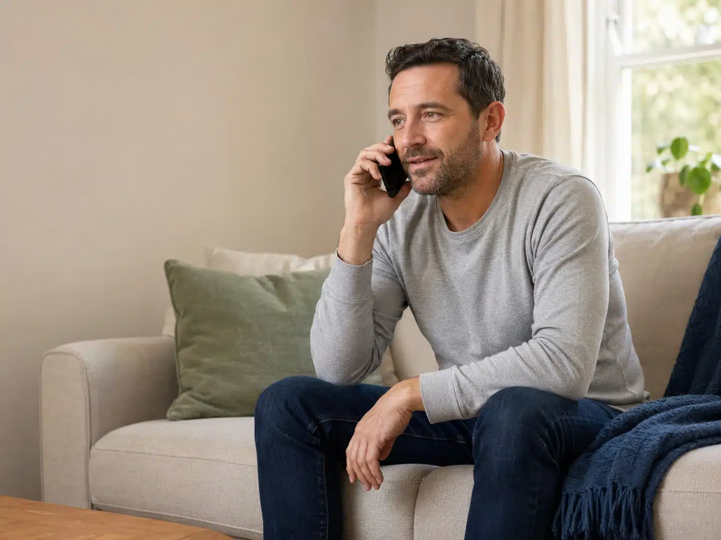Man making a confidential call for alcohol support from home